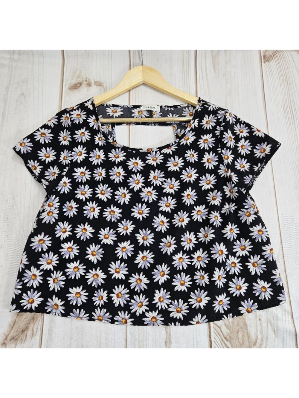 Floral Daisy Print Top Wmn XL Persaya Crop Black White Bohemian Peasant Flowers